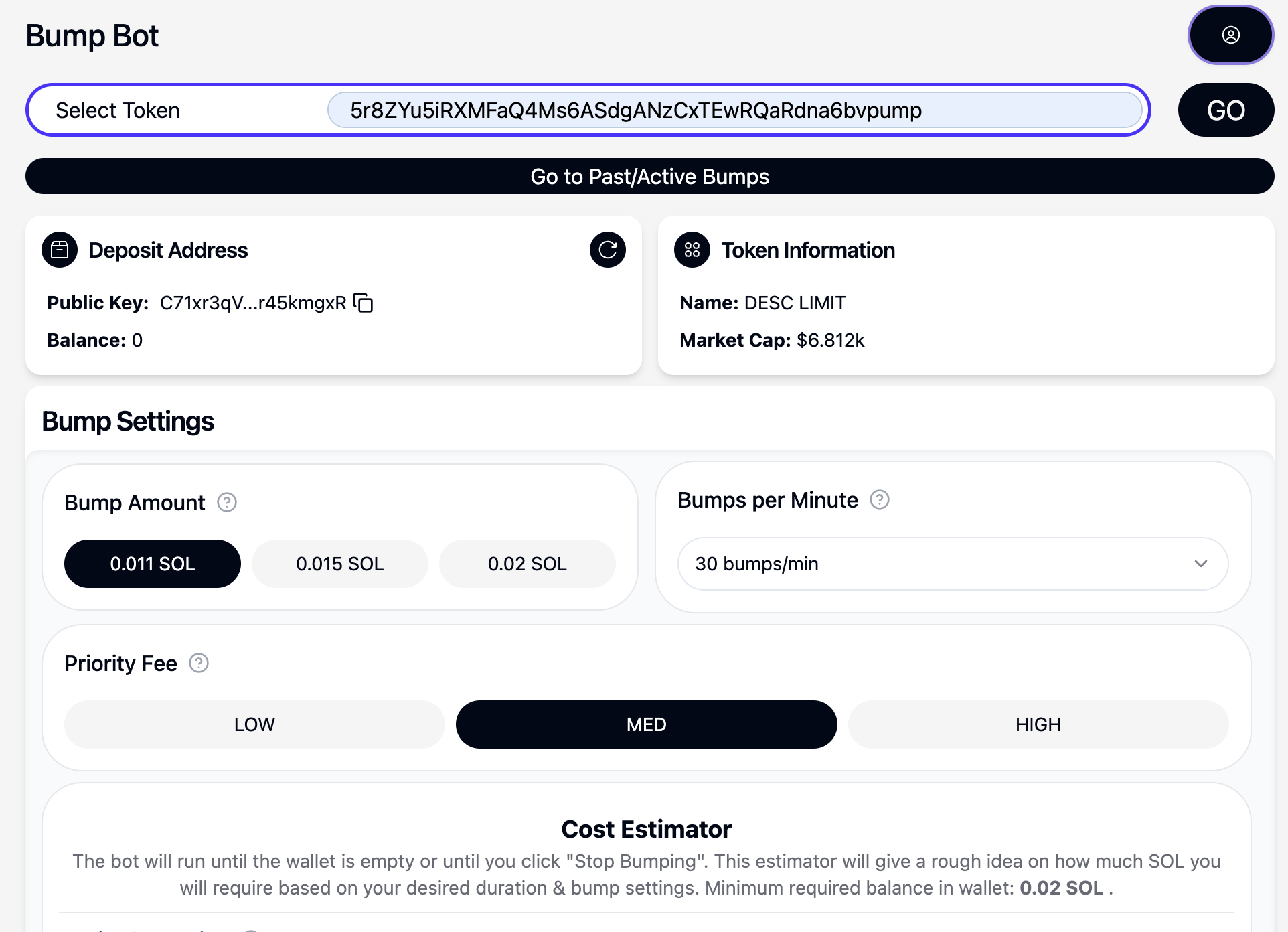 Interface of Ozar's Bump Bot which shows the set up page with all the settings required to run it.