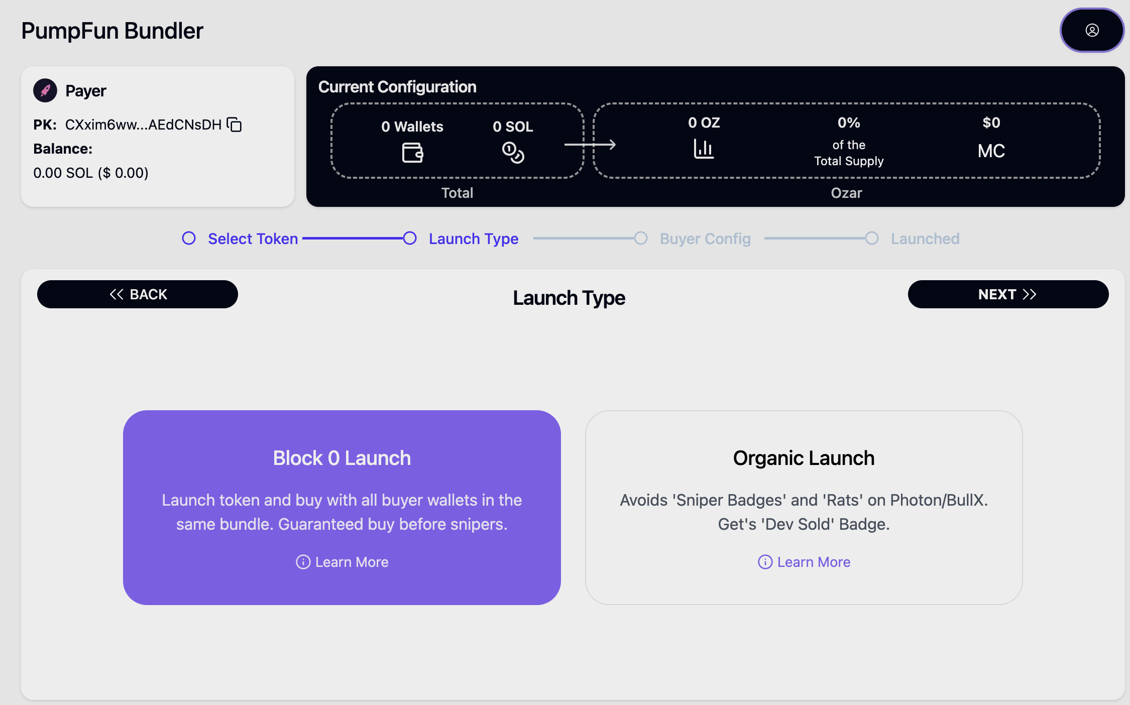 Interface of Ozar's Pump Fun Bundler which shows the Launch type selection stage.