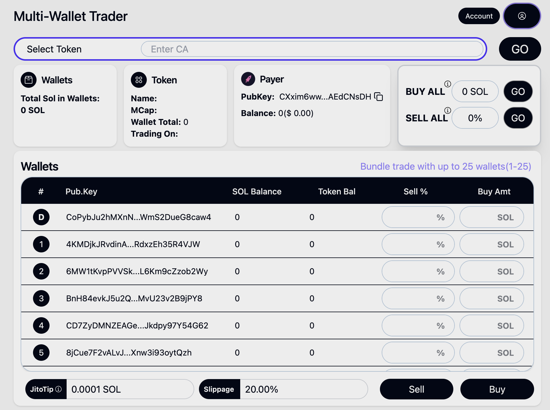 Interace of Ozar's Multi-Wallet Trader which shows the users 25 wallets, token selection and trading actions.